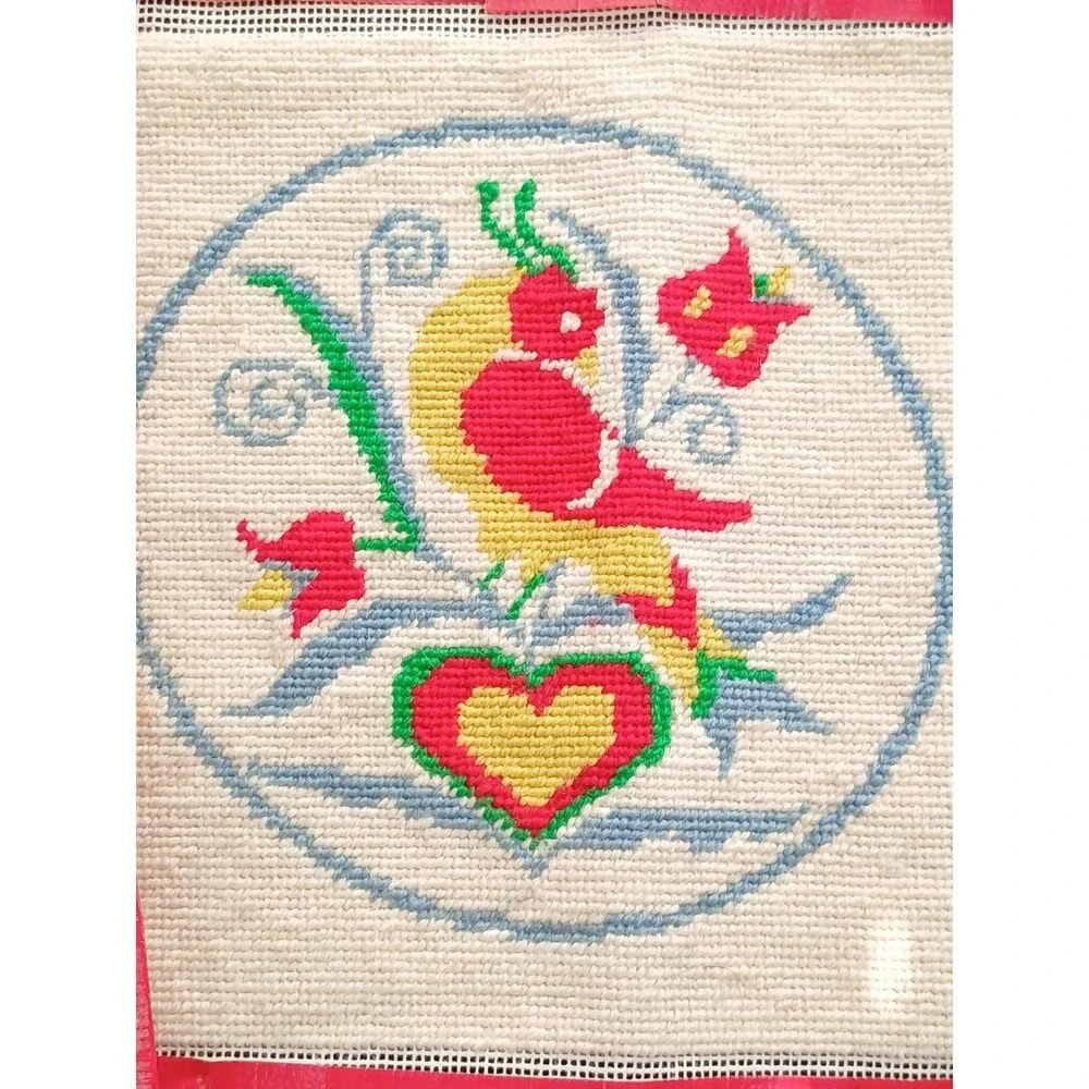 Hand-Embroidered Bird & Flower Cloth 10.25"x9.75" Unframed Textile - Picture 2 of 6